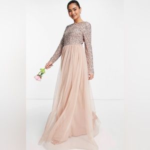 Maya Bridesmaid long sleeve maxi tulle dress with sequins in muted blush